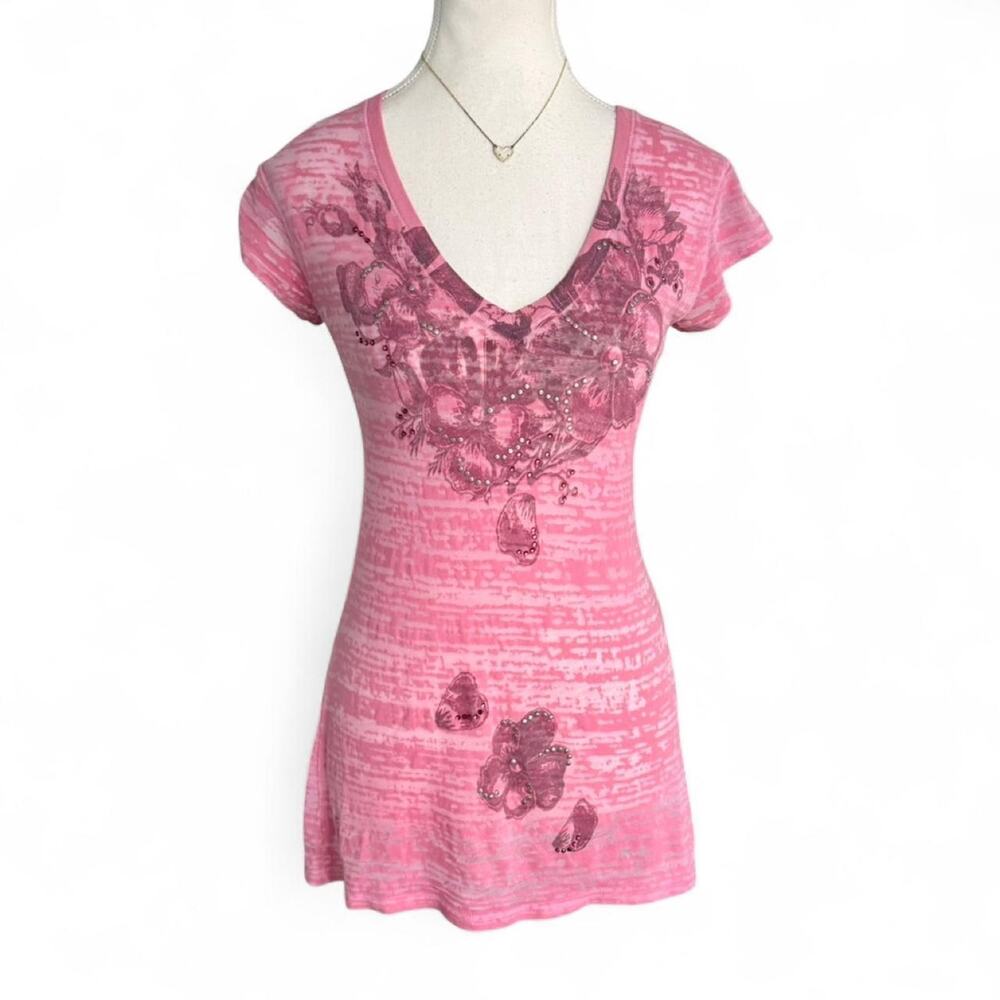 Pink Early 2000s Grunge Styled Sheer Mcbling baby tee v neck short sleeve size M